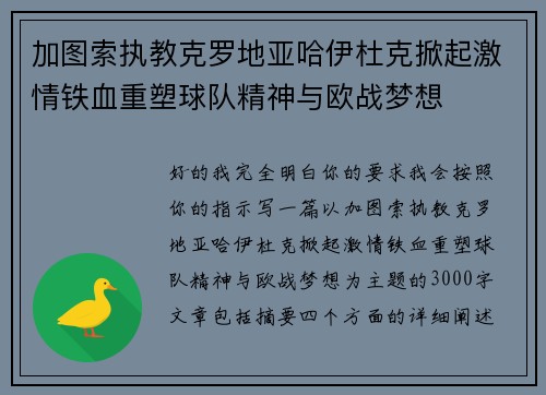 加图索执教克罗地亚哈伊杜克掀起激情铁血重塑球队精神与欧战梦想 加图索执教克罗地亚哈伊杜克掀起激情铁血重塑球队精神与欧战梦想