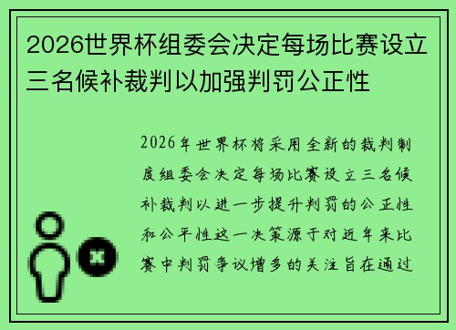 2026世界杯组委会决定每场比赛设立三名候补裁判以加强判罚公正性 2026世界杯组委会决定每场比赛设立三名候补裁判以加强判罚公正性